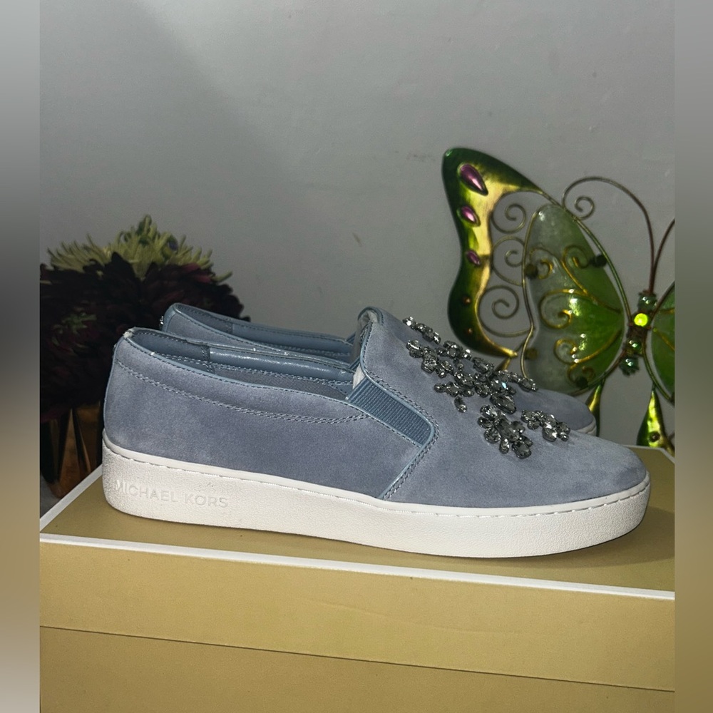 MICHAEL KORS Pale Blue Keaton Embellished Suede Leather Slip-On Sneaker - Picture 2 of 13